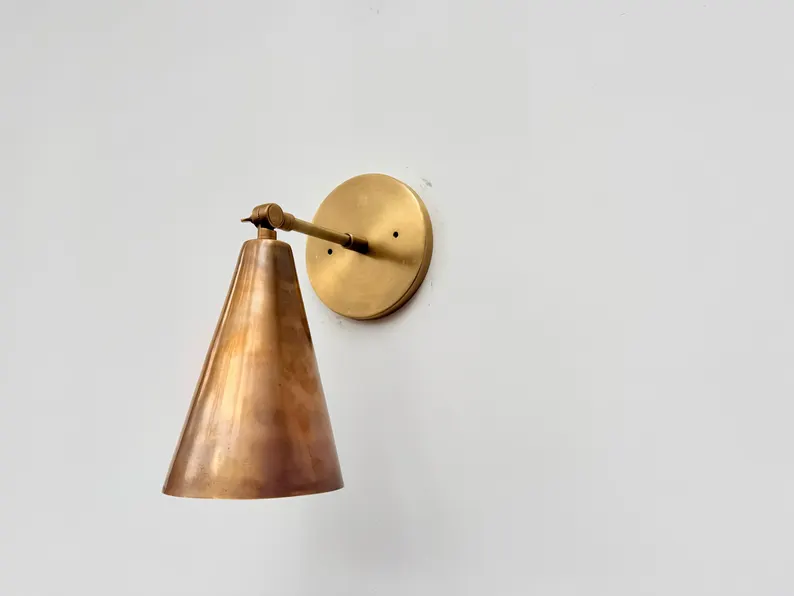 1 Light Raw Brass Wall Sconce Lamp Mid Century Modern Italian Fixture Cone Handcrafted