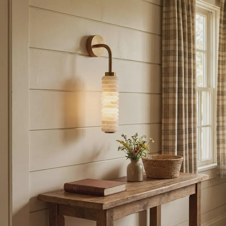 Handmade Brass Wall Sconce Ribbed Alabaster Shade Mid Century Bedroom Modern Light Lamp Fixture