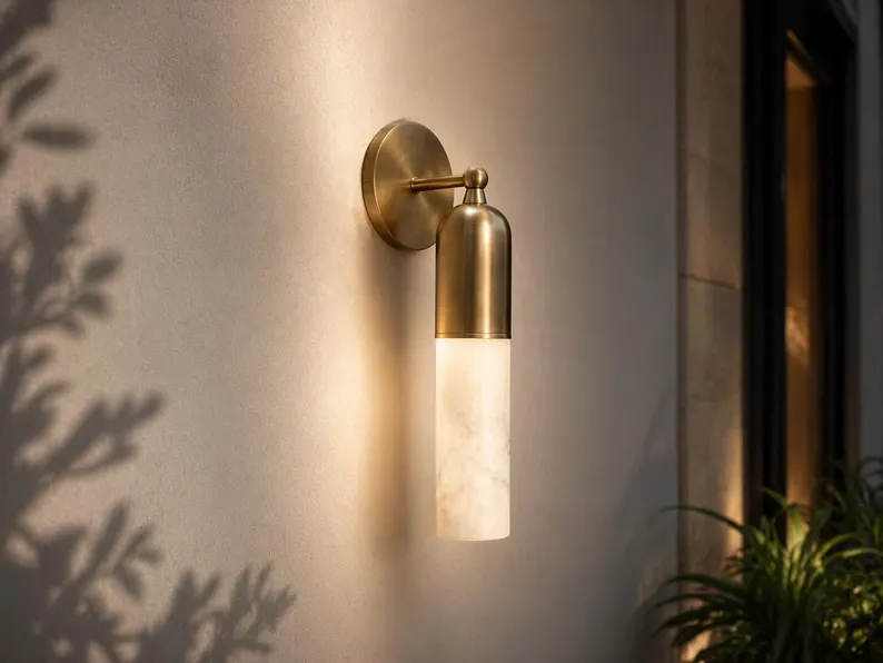 Alabaster Slim Cylinder Sconce with Brass Modern Minimalist Handmade Wall Lamp